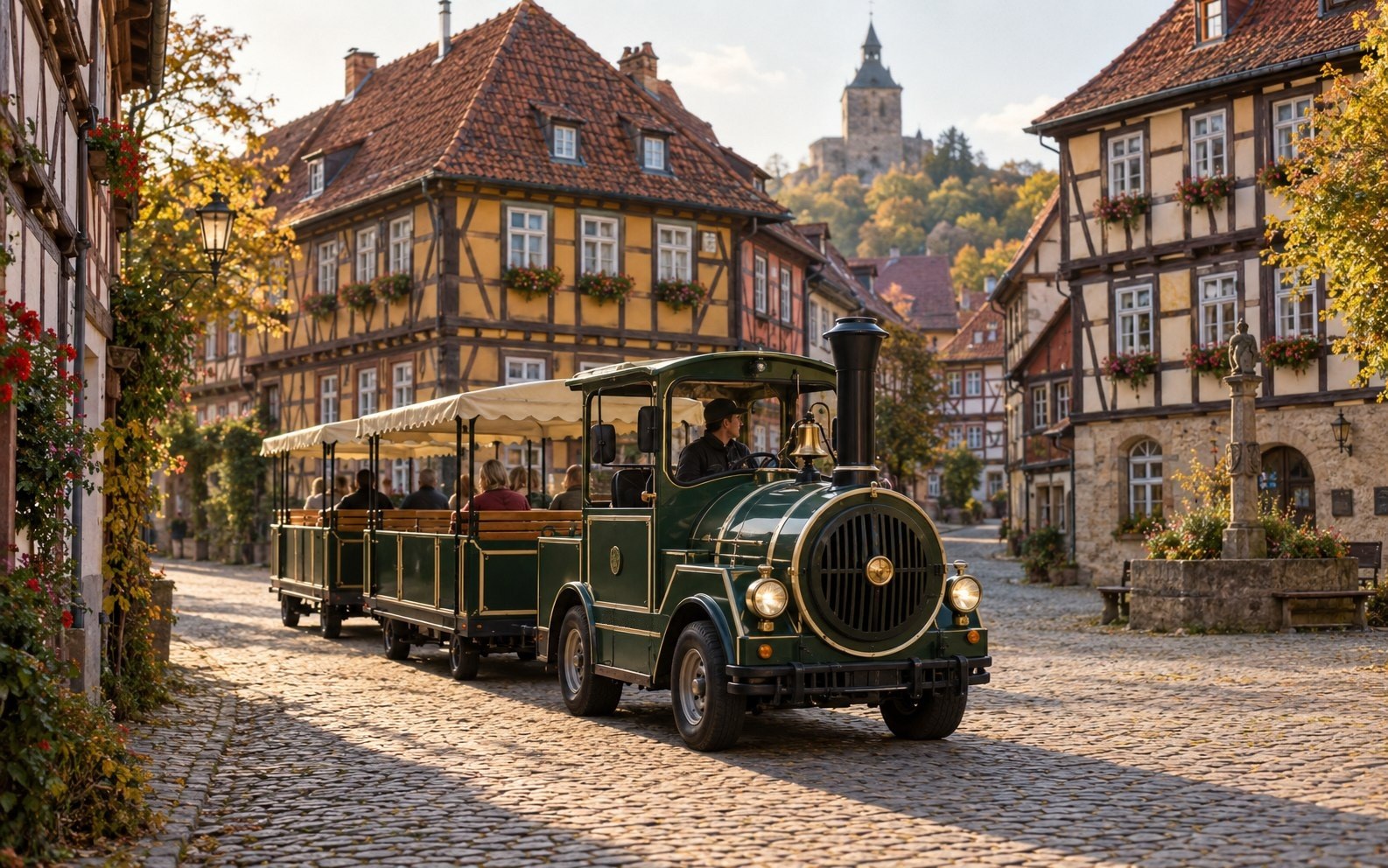 Visualisation, not a photograph: a road-going tourist train on a cobbled street in a half-timbered old town