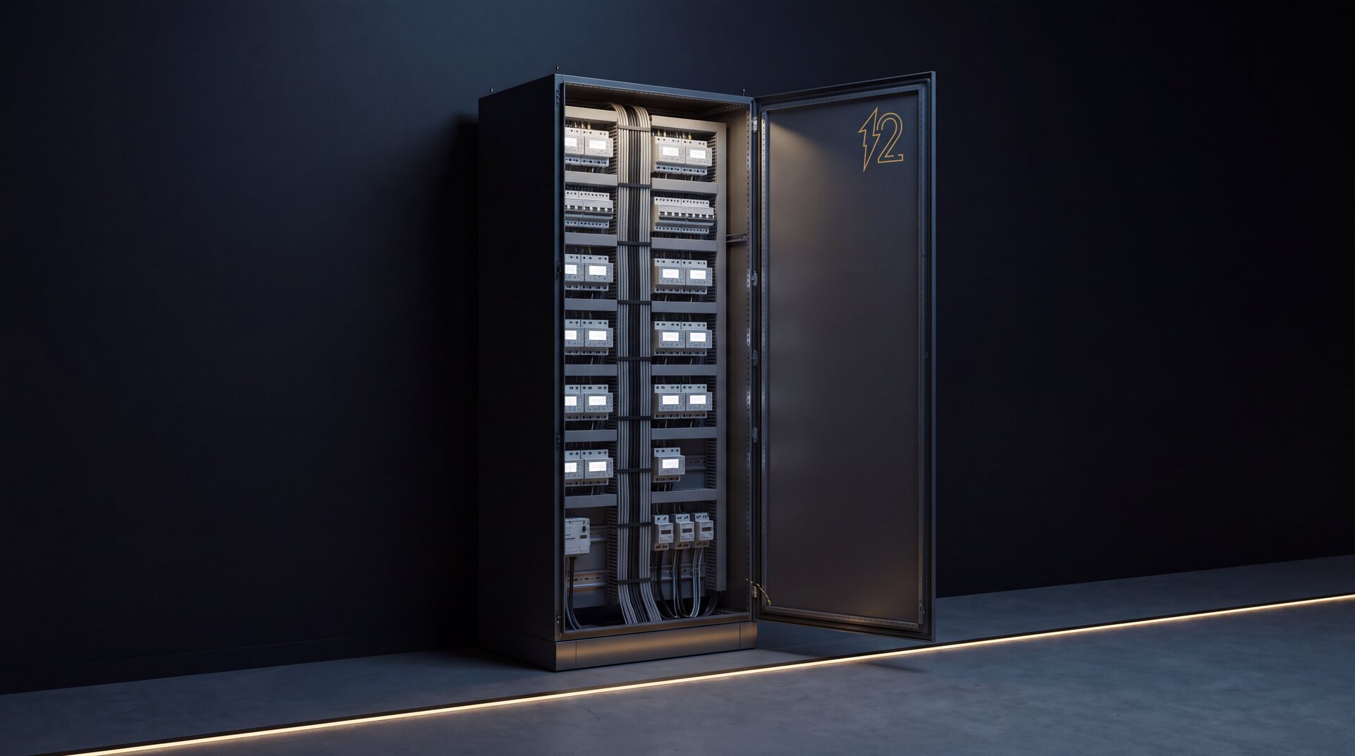 An open equipment cabinet, rows of energy meters and transducers on DIN rail, wiring combed into vertical bundles