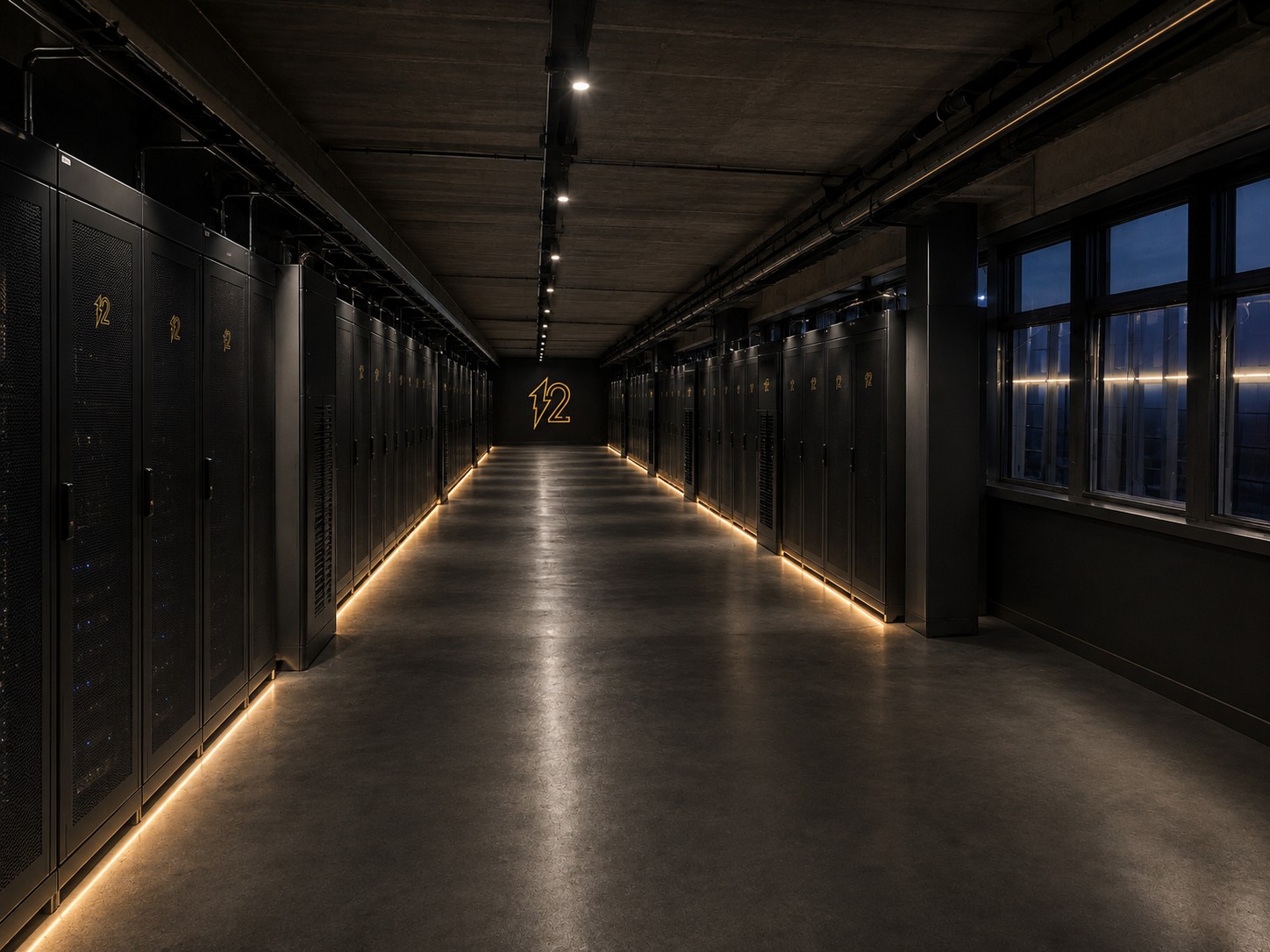 Visualisierung desselben Geschosses als Rechnerraum: zwei Reihen schwarzer Schränke, warme Lichtlinie am Sockel, Fensterband rechts