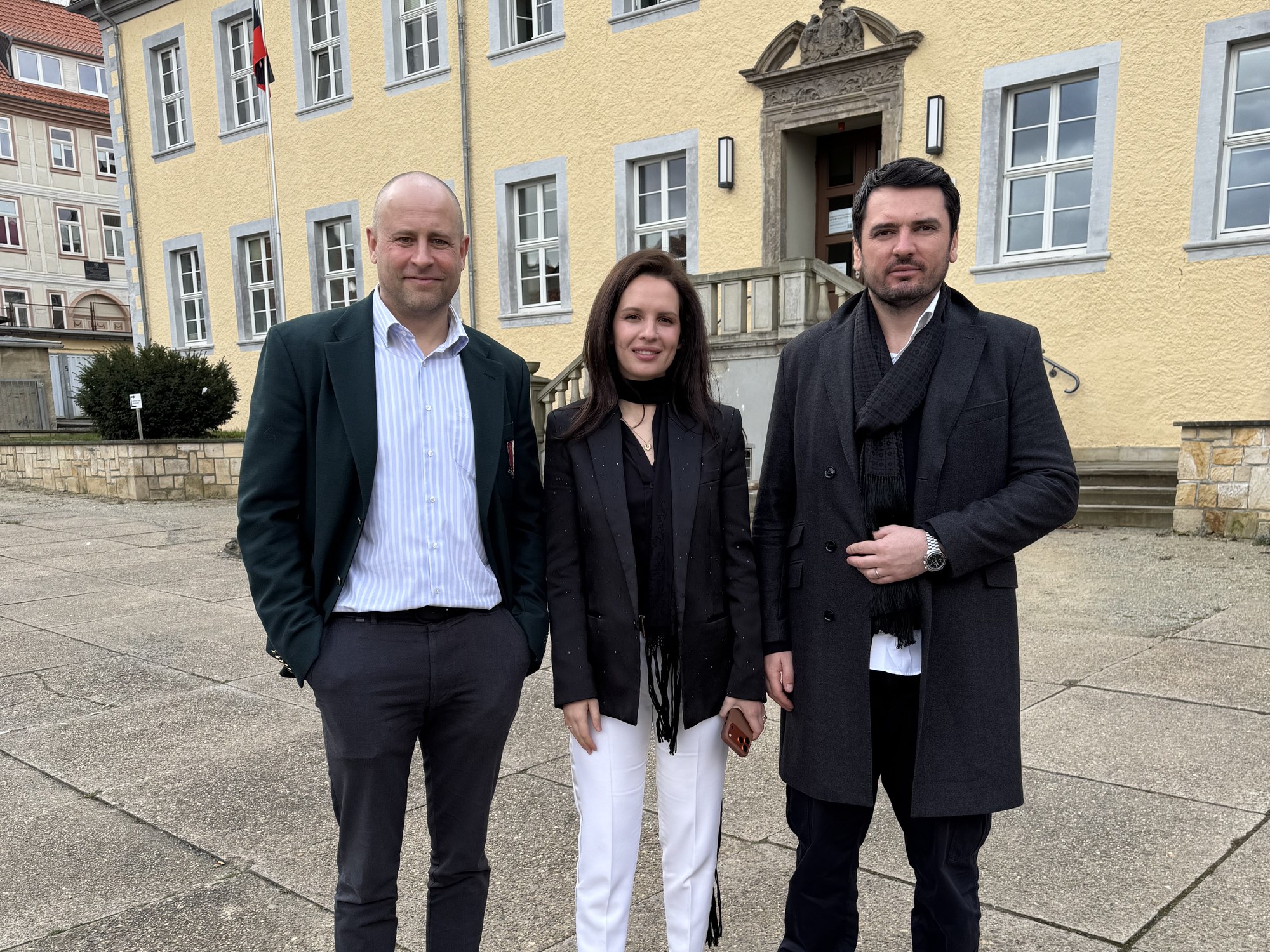 Lars Gottschligg, Anna Bon and Denys Tsvaig outside Blankenburg town hall